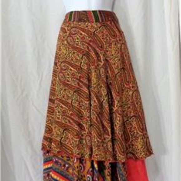 BURGUNDY & GREEN PAISLEY SILK CONVERTIBLE SKIRT DRESS MIDI